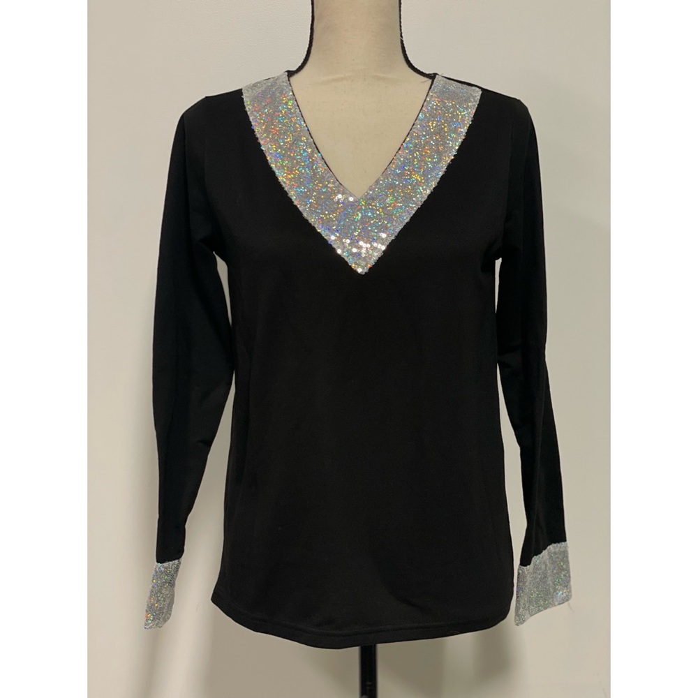 Exclusive ❤️ V-Neck Sequin Accent Blouse Black & Silver Size S